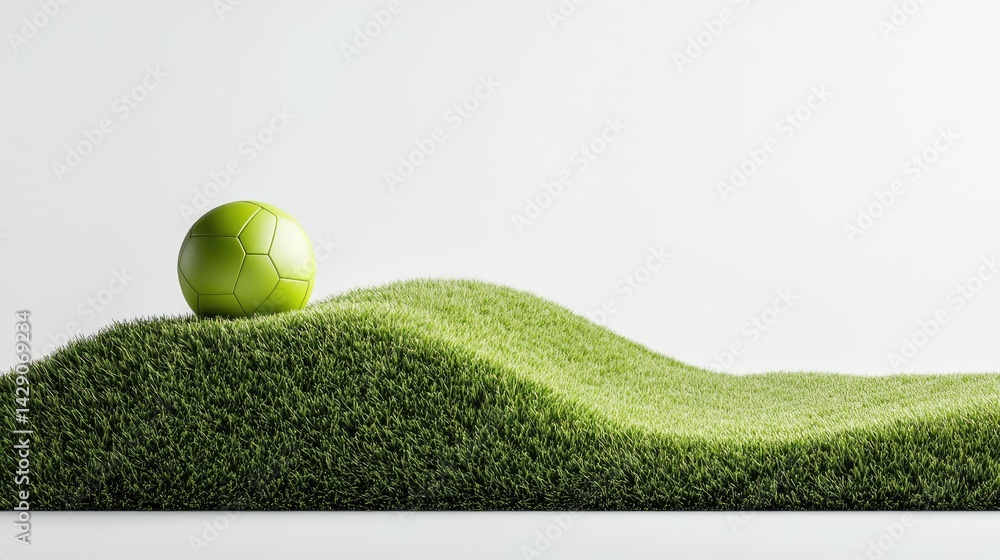 Poster clean sports concept for websites: ball on green pitch with high-key white backdrop