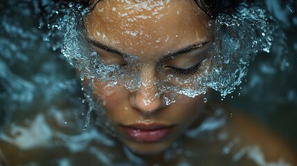 Fototapeta premium Mental health overload- Water exploding from a woman's head symbolizes stress.