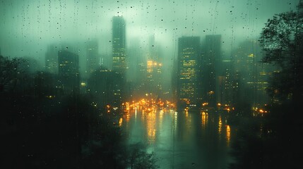 Melancholic rainy day- Water streams down a window blurring city lights.
