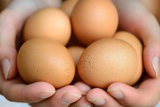 Freshly Harvested Eggs: A close-up shot of a pair of hands cradling a small mound of fresh, organic eggs, ready for breakfast. A sense of freshness and wholesomeness