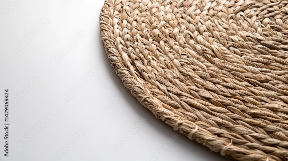 Poster close-up of circular straw mat with detailed weave against clean white
