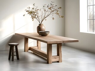 Minimalist wooden dining table in bright studio space
