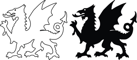 Welsh Dragon Outline and Silhouette Design Clipart