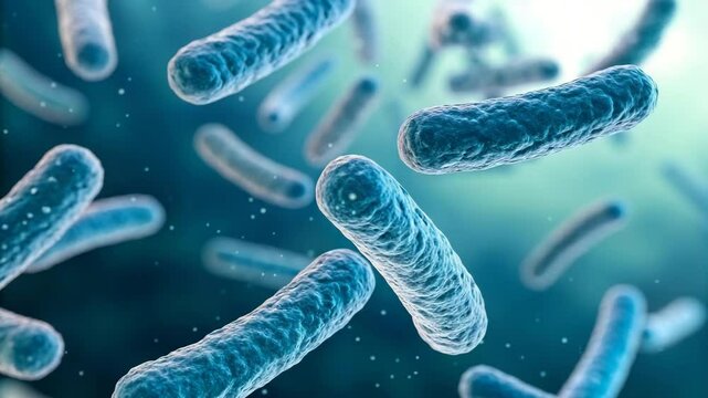 Magnified view of bacteria in a microscopic environment, showcasing their unique shapes and textures against a blurred blue background.