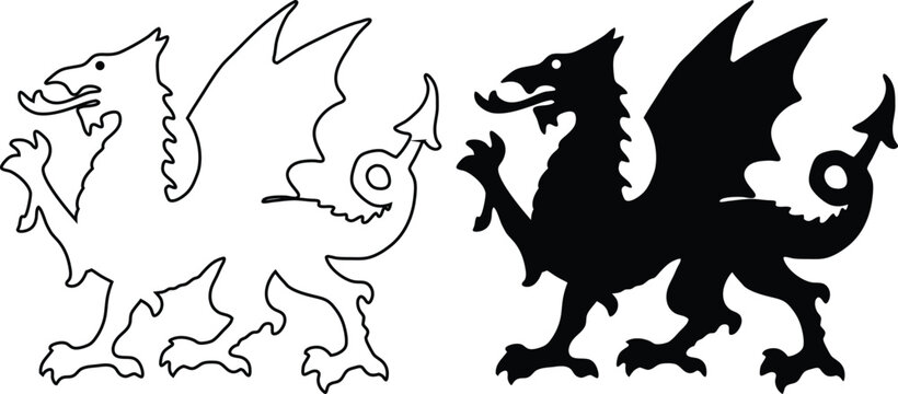 Welsh Dragon Outline and Silhouette Design Clipart