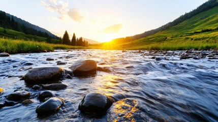 A serene landscape featuring a flowing river, smooth stones, and a vibrant sunset, surrounded by lush green hills and trees.