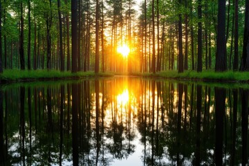 A serene forest scene at sunset, featuring towering trees and a reflective pond that captures the vibrant colors of the sky.
