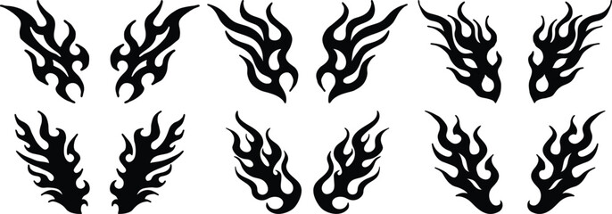 Tribal Flame Tattoo Designs Black Ink Graphic Art Set