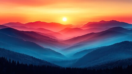 Fototapeta premium Minimalist sunrise- Warm sunlight illuminates layers of rolling mountains in soft pastel.