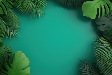 A vibrant arrangement of tropical leaves framing a calming teal background, perfect for nature-inspired designs or themes.