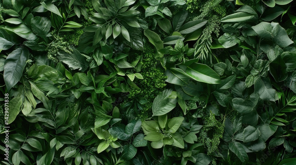 Poster dense foliage wall with layered leaves and flowers, creating a vibrant green backdrop for visual pro