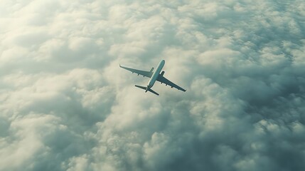 Obraz premium Commercial Airplane Flying Above Clouds in Bright Sky