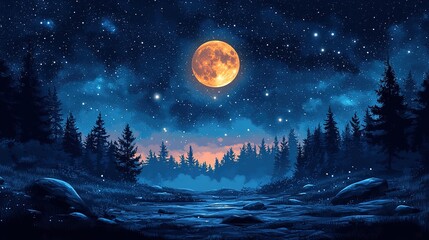 Luminous Full Moon over a Tranquil Forest Landscape at Night