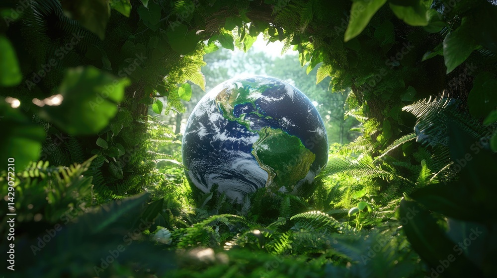 Poster earth encircled by ferns and ivy, reflecting a harmonious coexistence between humans and the environ