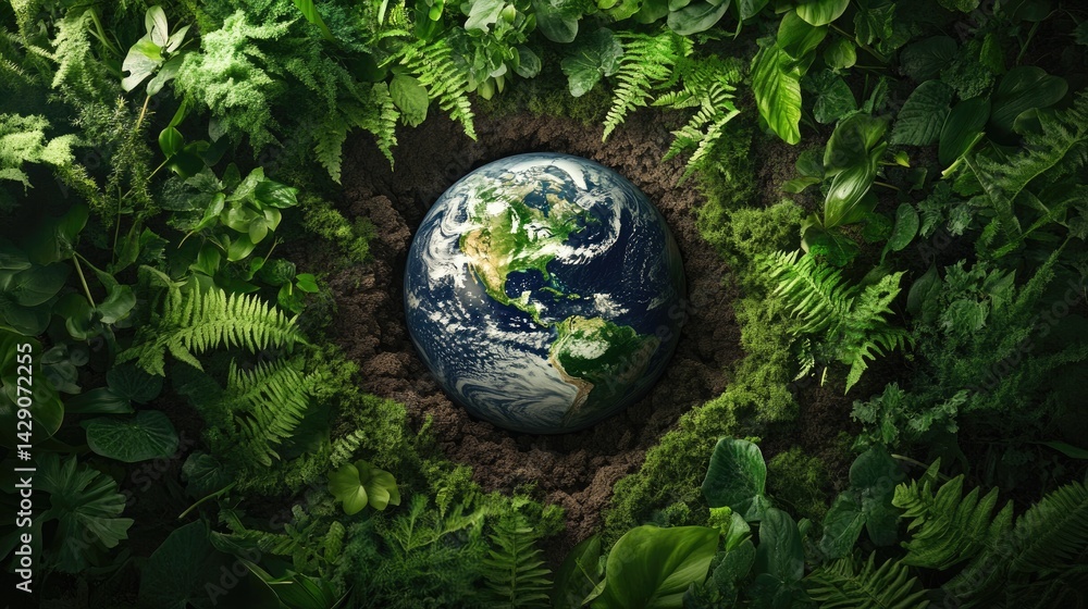 Poster earth encircled by ferns and ivy, reflecting a harmonious coexistence between humans and the environ