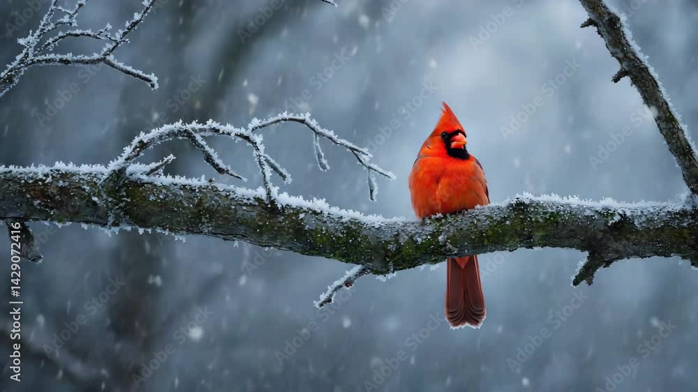 Poster a red cardinal perched on a snow-covered tree branch.