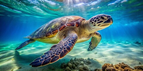 Fototapeta premium Majestic Sea Turtle Gracefully Navigating a Sunlit Ocean Floor