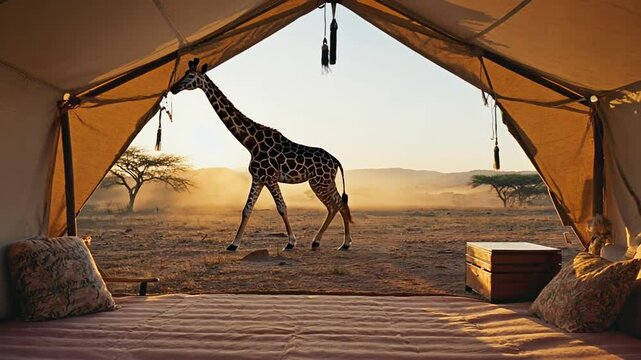 Giraffe next to a tent on a safari.