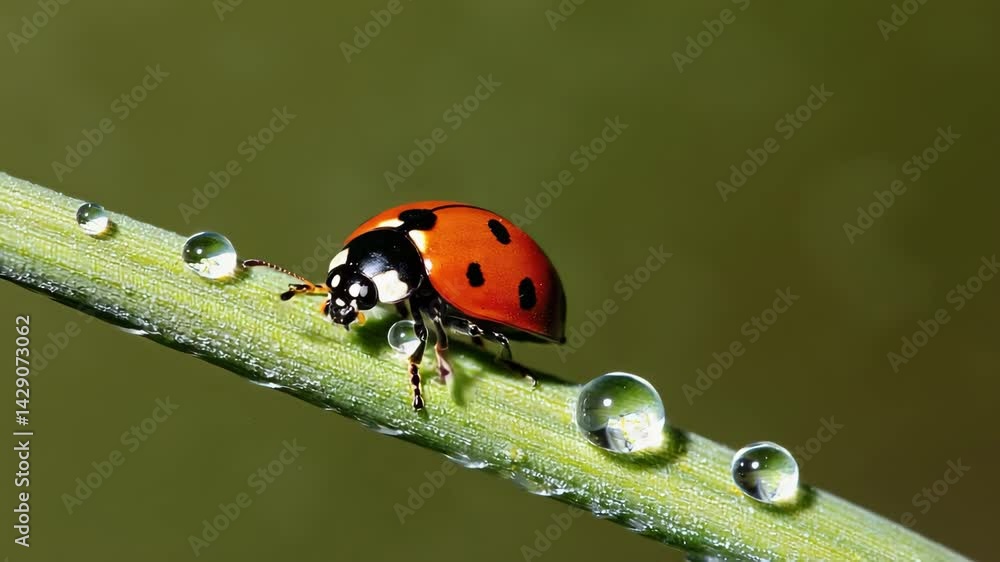 Poster a close-up of a ladybug crawling on a dew-covered blade of grass.