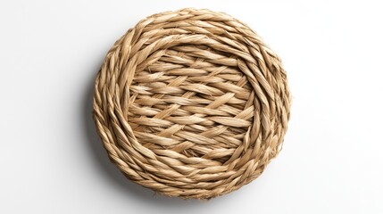 Eco-style round mat made of straw fibers, flat lay on white