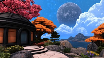 A serene landscape featuring a domed structure surrounded by colorful trees, a tranquil sea, and a large moon in a vibrant blue sky.