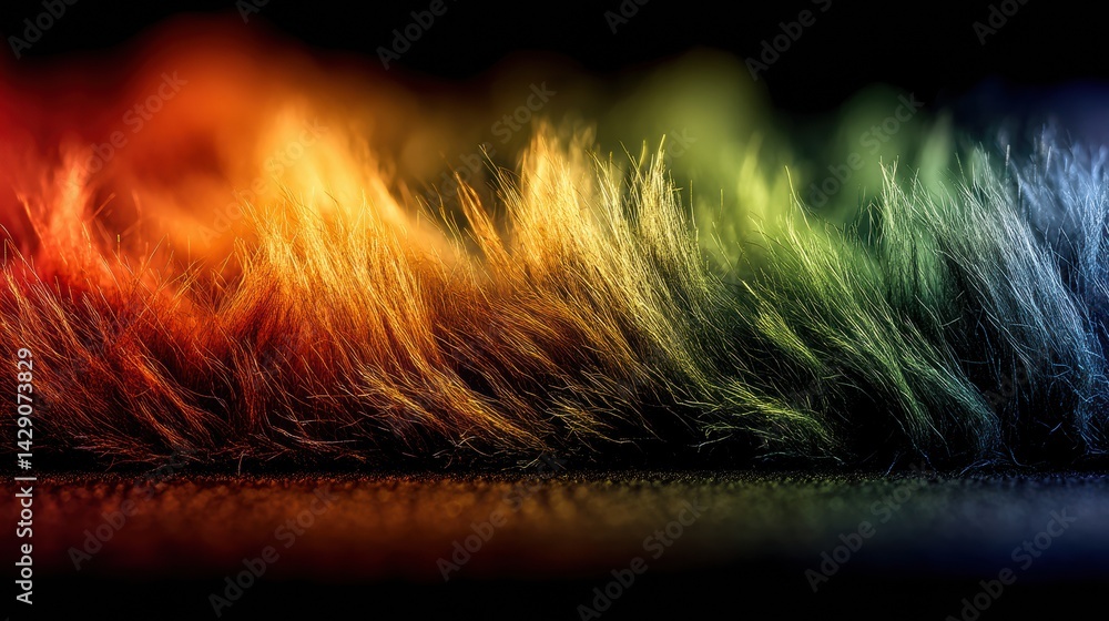 Poster furry fabric illuminated by striking rainbow lighting creating a vibrant visual effect