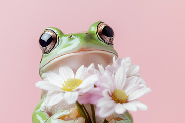 Close up of cute green frog holding a bouquet of flowers Minimal creative concept of chivalry, romantic courtship and dating. Pastel pink background with copy space