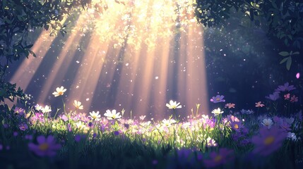 Sunlight streams through trees, illuminating a vibrant field of flowers, creating a serene and magical atmosphere.