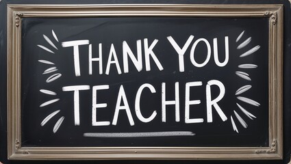 Handwritten "THANK YOU TEACHER" on a chalkboard in a wooden frame
