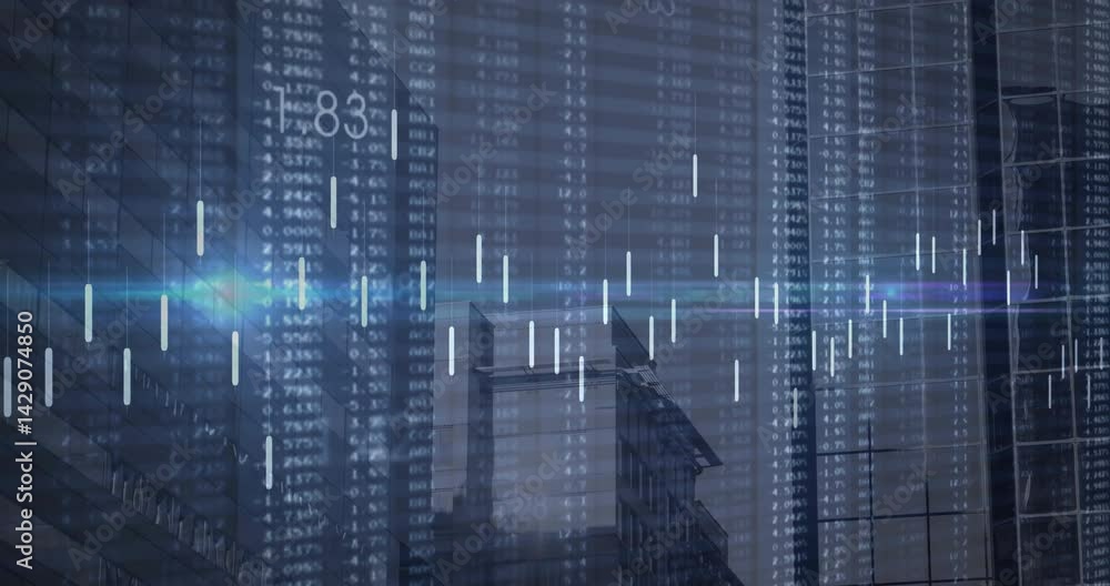 Poster translucent financial data overlay floating over skyline, showing candlestick bars and chart lines