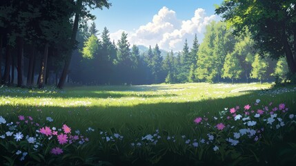 A serene meadow surrounded by trees, filled with colorful flowers under a bright sky, creating a peaceful and picturesque natural landscape.