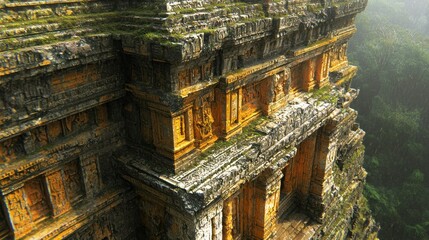 Ancient temple ruins atop a lush, green cliff face