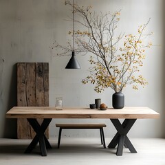 Rustic wooden dining table with minimalist decor