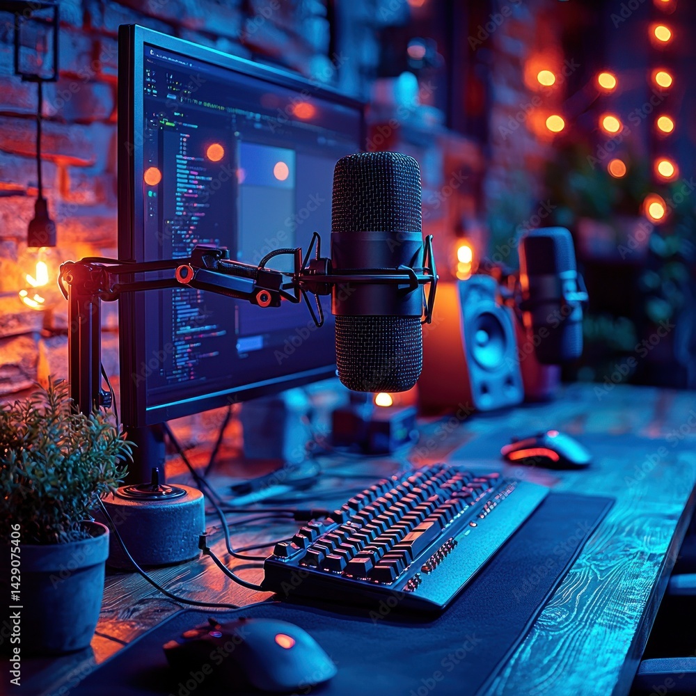 Poster podcast recording setup with microphone and computer in a stylish studio