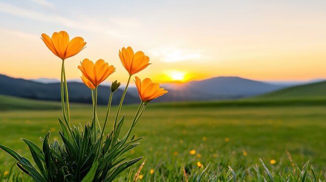 A cluster of bright orange flowers bloom in a lush green field during sunset, creating a serene and picturesque natural scene. - Powered by Adobe