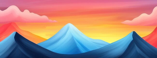 A vibrant landscape featuring colorful mountains under a sunset sky, blending shades of pink, orange, and blue.