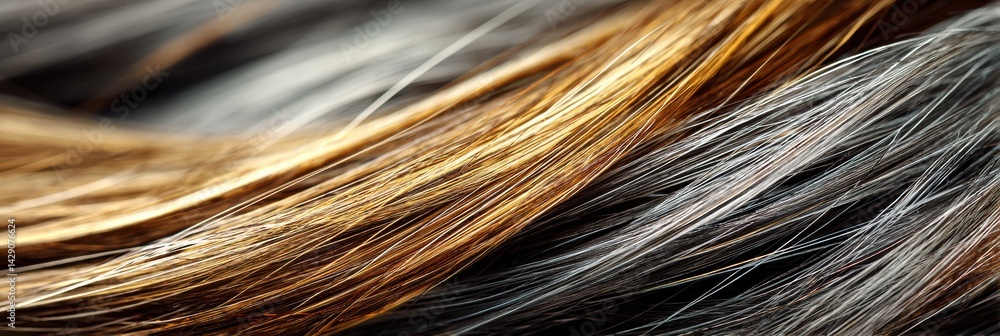 Poster Close-up View of Shiny Hair Strands Showcasing Highlights Against a Soft Blurred Background in a Serene Setting