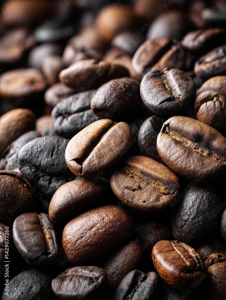 Poster close-up view of rich coffee beans highlighting texture and deep brown tones for coffee enthusiasts 