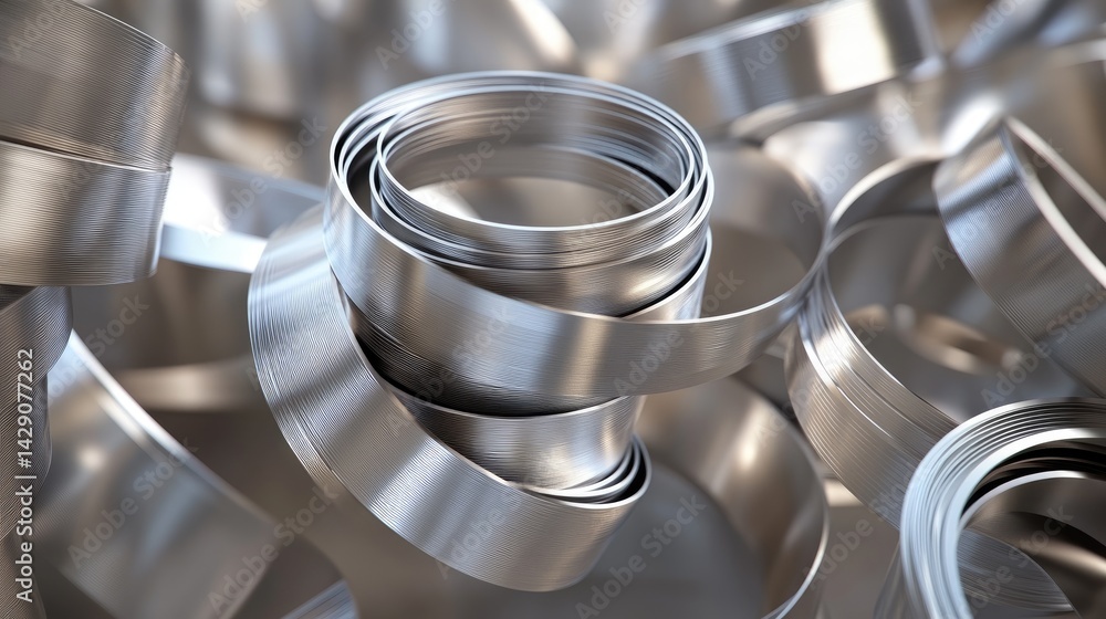 Aufkleber metallic zinc-coated components curved and arranged in a stack, gleaming with industrial appeal.
