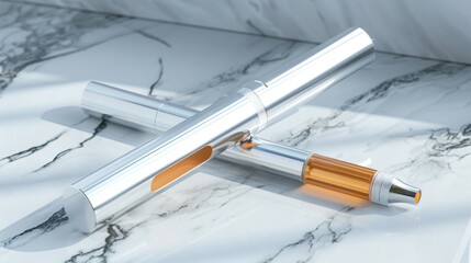 Sleek metallic vaping device resting on marble surface, minimalist design with copy space, modern smoking alternative and electronic cigarette concept.