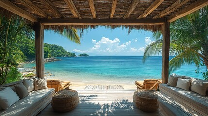 Obraz premium On a sunny day, a wooden terrace overlooking a tranquil ocean with palm trees frames a serene view, creating a perfect spot for relaxation.