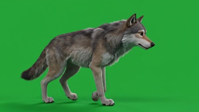 Gray wolf walking in front of a green screen. Perfect for visual effects, compositing, film or video projects. Ideal for wildlife documentaries.