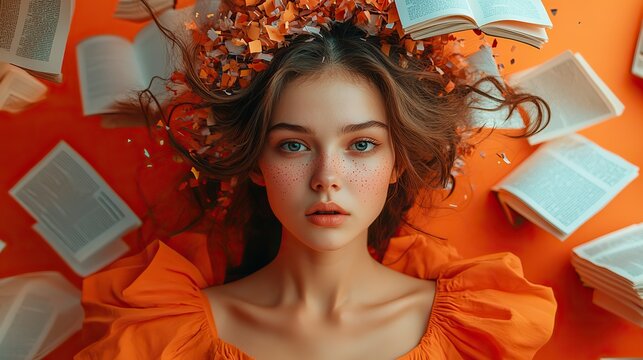 On an orange background, a young woman with an exploding head and flying books and papers represents information overload, stress, migraine, burnout, or dementia.