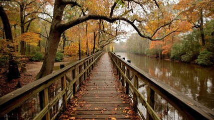 Fototapeta premium Autumnal boardwalk path alongside calm river, fallen leaves, misty atmosphere, wooden railing, trees with colorful foliage.