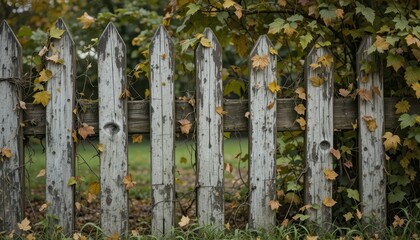 Naklejka premium Weathered Wooden Fence Surrounded by Autumn Leaves and Vines