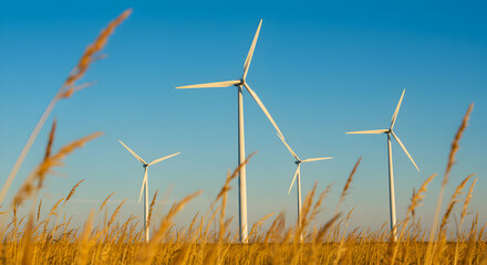 Wind Turbines in Golden Wheat Field Under a Clear Blue Sky at Golden Hour Featuring Renewable Energy