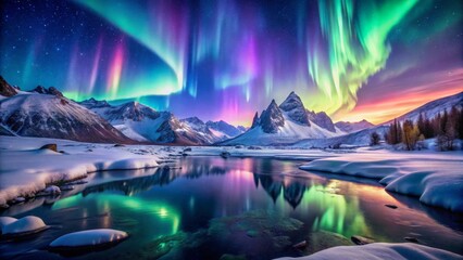Serene Winter Landscape with Vibrant Aurora Borealis Display Reflected in a Still Frozen Lake Surrounded by Snow-Covered Mountains