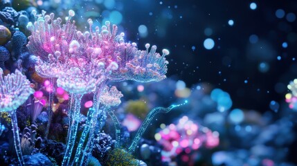 Fototapeta premium Glowing underwater fungi, ocean scene, fantasy art, video game background