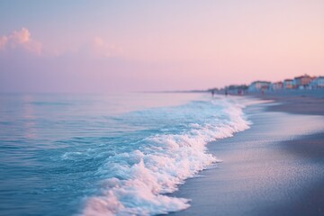 Obraz premium serene beach scene with crystalline waters kissing shore figures are artfully blurred in background