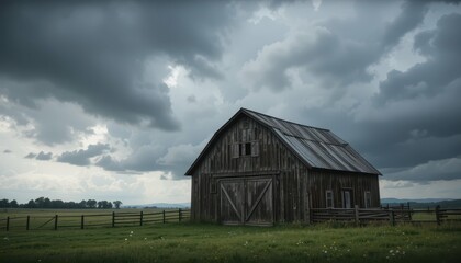 Obraz premium Rustic Wooden Barn Under Dramatic Cloudy Sky in Countryside Landscape